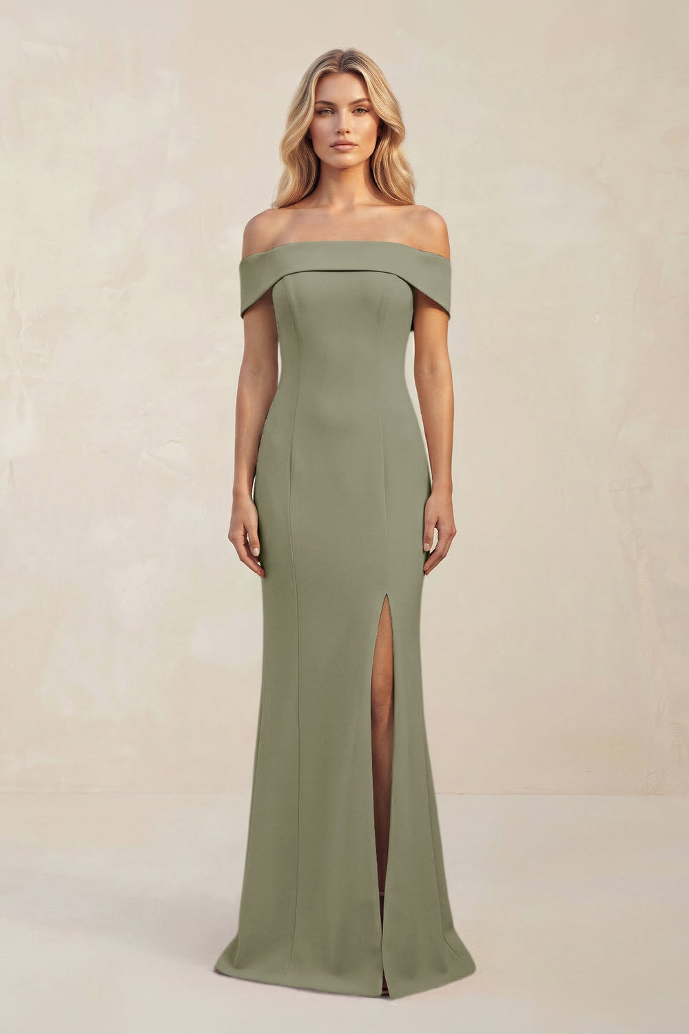 Sheath Off - the - Shoulder Satin Bridesmaid Dress With Slit in Thyme - KissProm Bridesmaid Dresses