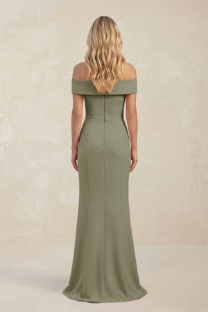 Sheath Off - the - Shoulder Satin Bridesmaid Dress With Slit in Thyme - KissProm Bridesmaid Dresses