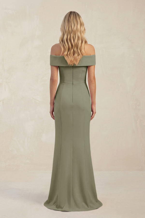Sheath Off - the - Shoulder Satin Bridesmaid Dress With Slit in Thyme - KissProm Bridesmaid Dresses