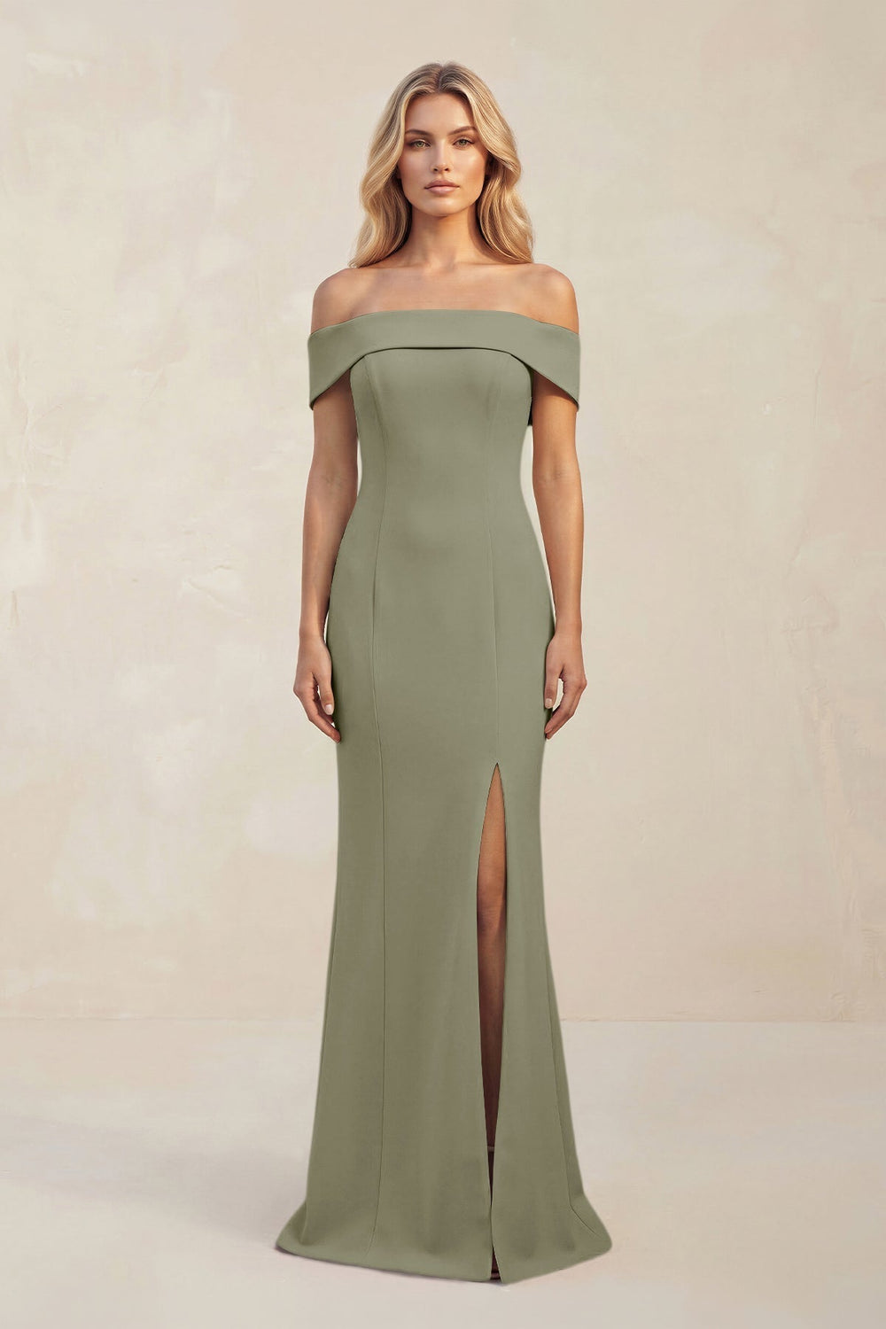 Sheath Off - the - Shoulder Satin Bridesmaid Dress With Slit in Thyme - KissProm Bridesmaid Dresses