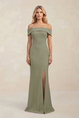 Sheath Off - the - Shoulder Satin Bridesmaid Dress With Slit in Thyme - KissProm Bridesmaid Dresses