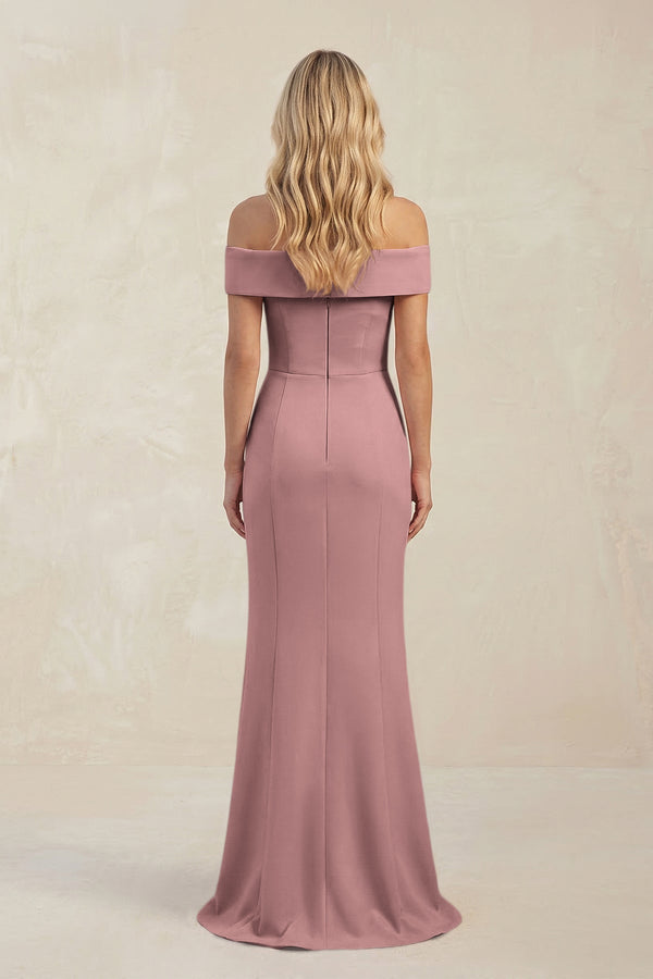 Sheath Off - the - Shoulder Satin Bridesmaid Dress With Slit in Toffee - KissProm Bridesmaid Dresses