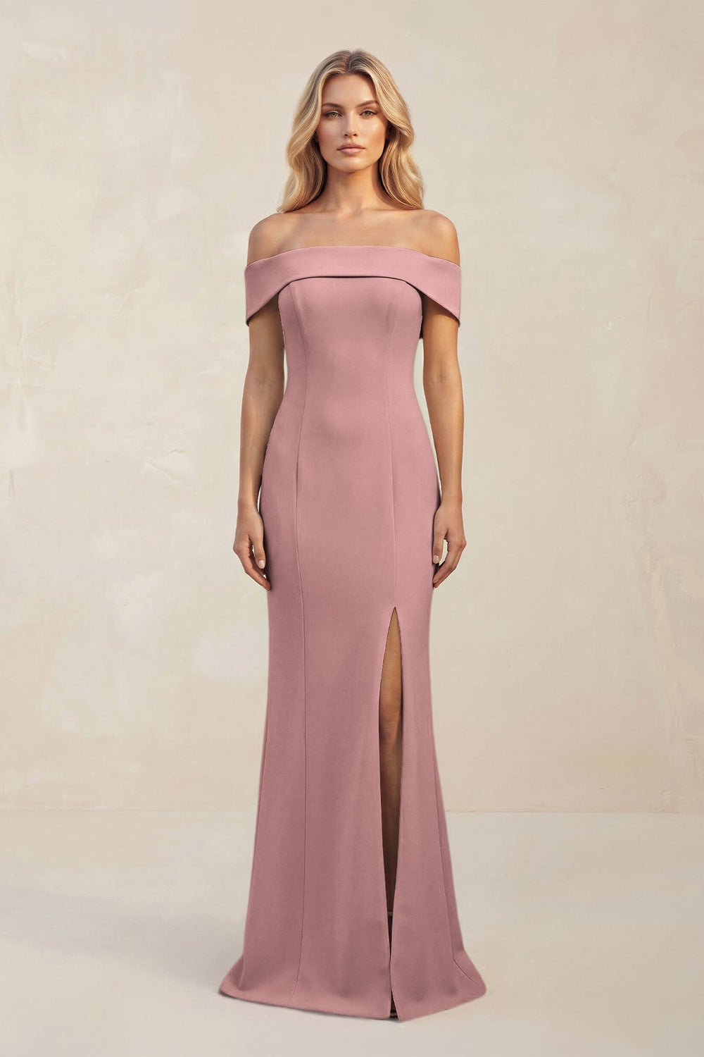 Sheath Off - the - Shoulder Satin Bridesmaid Dress With Slit in Toffee - KissProm Bridesmaid Dresses