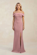 Sheath Off - the - Shoulder Satin Bridesmaid Dress With Slit in Toffee - KissProm Bridesmaid Dresses
