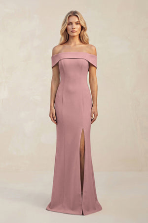Sheath Off - the - Shoulder Satin Bridesmaid Dress With Slit in Toffee - KissProm Bridesmaid Dresses
