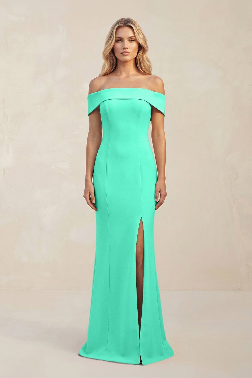 Sheath Off - the - Shoulder Satin Bridesmaid Dress With Slit in Turquoise - KissProm Bridesmaid Dresses