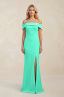Sheath Off - the - Shoulder Satin Bridesmaid Dress With Slit in Turquoise - KissProm Bridesmaid Dresses