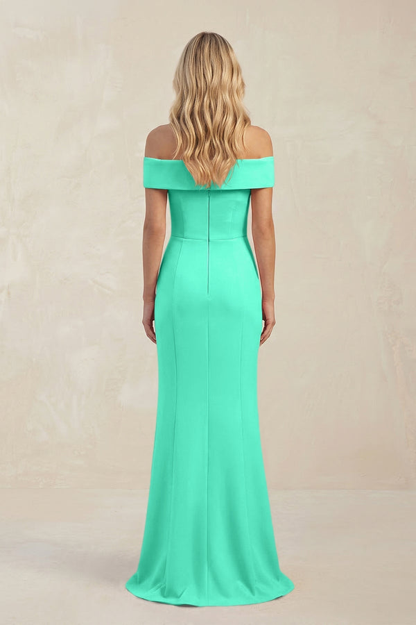 Sheath Off - the - Shoulder Satin Bridesmaid Dress With Slit in Turquoise - KissProm Bridesmaid Dresses