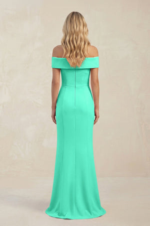 Sheath Off - the - Shoulder Satin Bridesmaid Dress With Slit in Turquoise - KissProm Bridesmaid Dresses