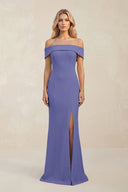 Sheath Off - the - Shoulder Satin Bridesmaid Dress With Slit in Twilight - KissProm Bridesmaid Dresses
