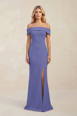 Sheath Off - the - Shoulder Satin Bridesmaid Dress With Slit in Twilight - KissProm Bridesmaid Dresses