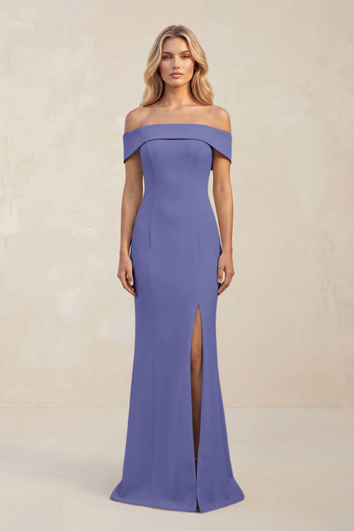 Sheath Off - the - Shoulder Satin Bridesmaid Dress With Slit in Twilight - KissProm Bridesmaid Dresses
