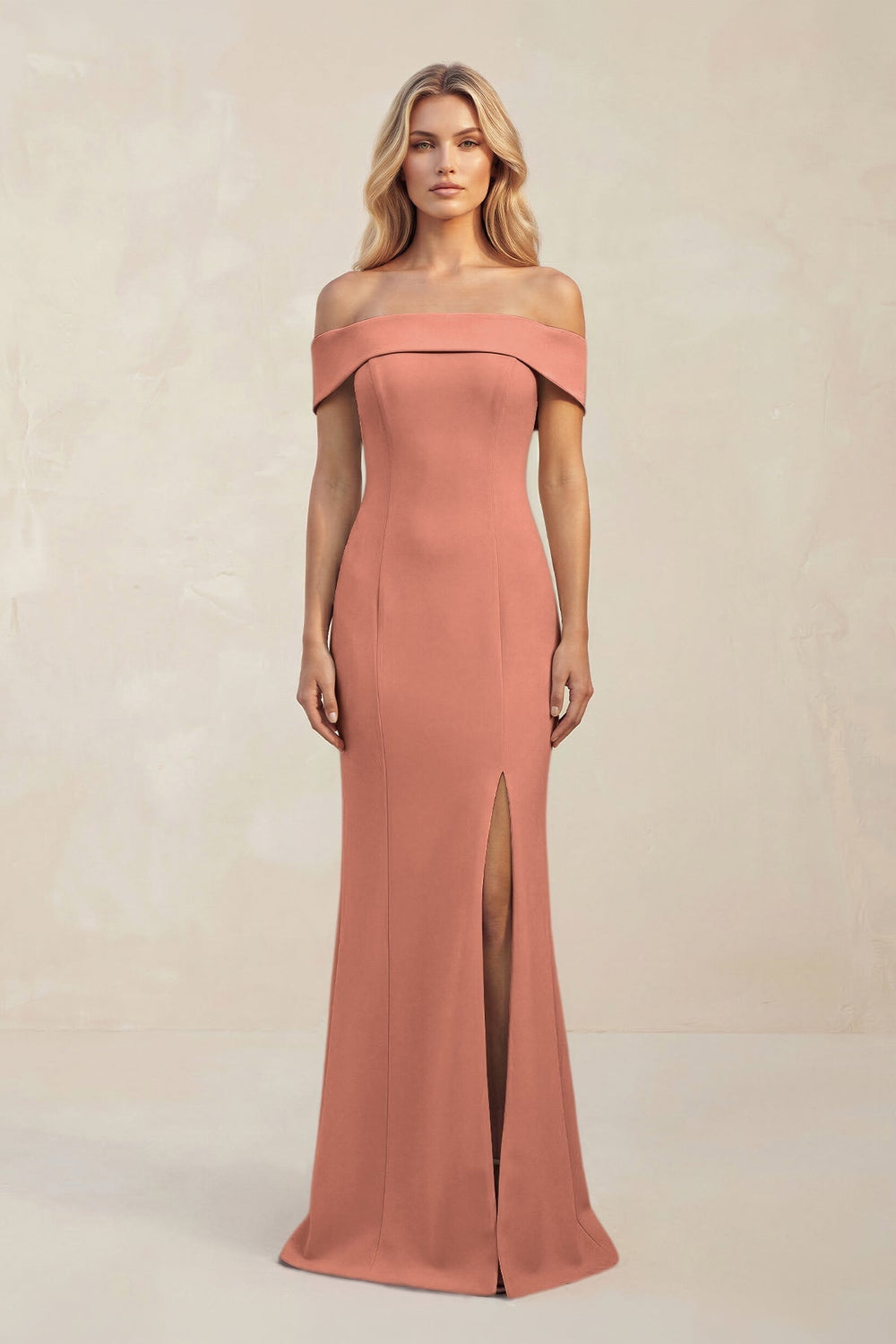 Sheath Off - the - Shoulder Satin Bridesmaid Dress With Slit in Wild Rose - KissProm Bridesmaid Dresses