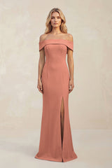 Sheath Off - the - Shoulder Satin Bridesmaid Dress With Slit in Wild Rose - KissProm Bridesmaid Dresses