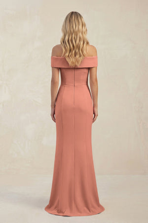 Sheath Off - the - Shoulder Satin Bridesmaid Dress With Slit in Wild Rose - KissProm Bridesmaid Dresses