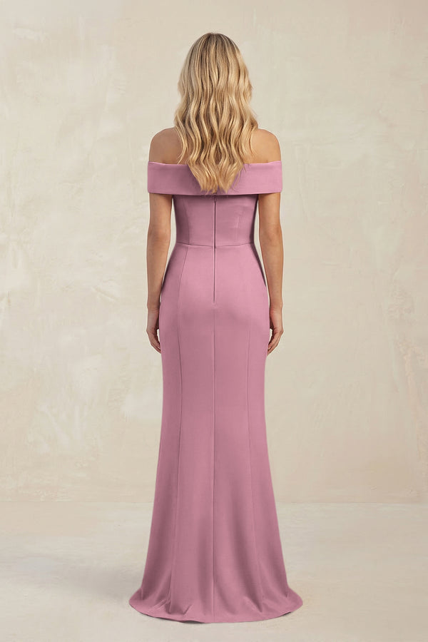 Sheath Off - the - Shoulder Satin Bridesmaid Dress With Slit in Wisteria - KissProm Bridesmaid Dresses
