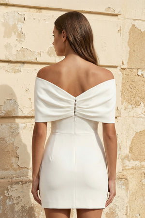 Ariadne | Sheath Off - The - Shoulder Sleeveless Satin Short Mini Wedding Dress With Bow  – Wedding Dresses by KissProm | Available at KissProm