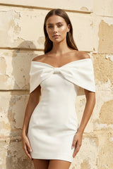 Ariadne | Sheath Off - The - Shoulder Sleeveless Satin Short Mini Wedding Dress With Bow  – Wedding Dresses by KissProm | Available at KissProm