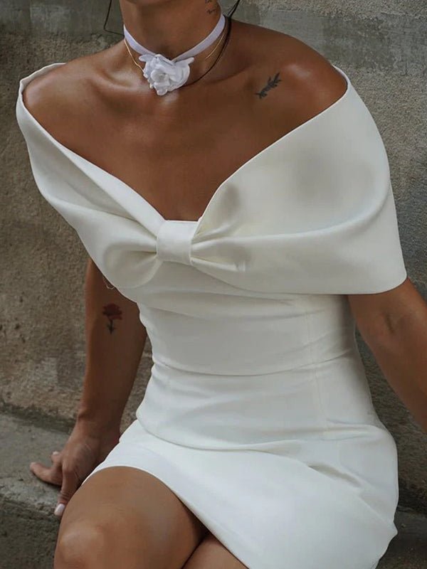 Ariadne | Sheath Off - The - Shoulder Sleeveless Satin Short Mini Wedding Dress With Bow - KissProm