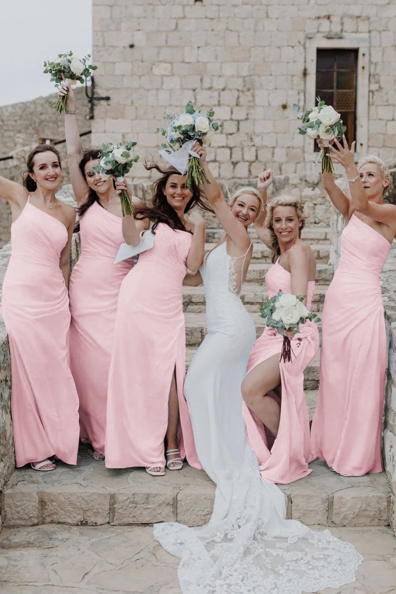 Sheath One Shoulder Light Blue Chiffon Slit Bridesmaid Dress - KissProm