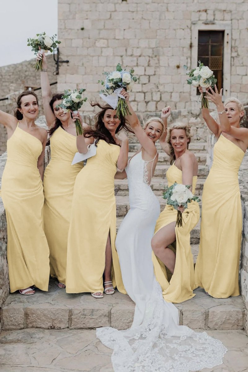 Sheath One Shoulder Light Blue Chiffon Slit Bridesmaid Dress - KissProm