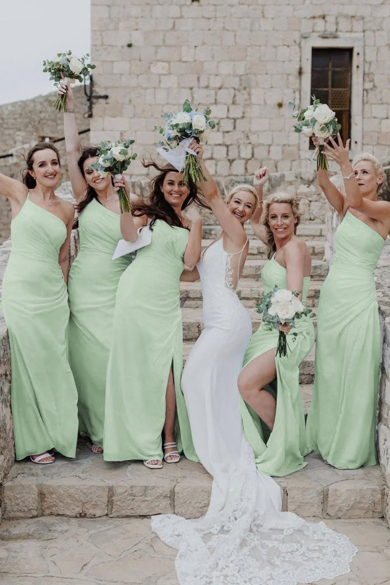 Sheath One Shoulder Light Blue Chiffon Slit Bridesmaid Dress - KissProm