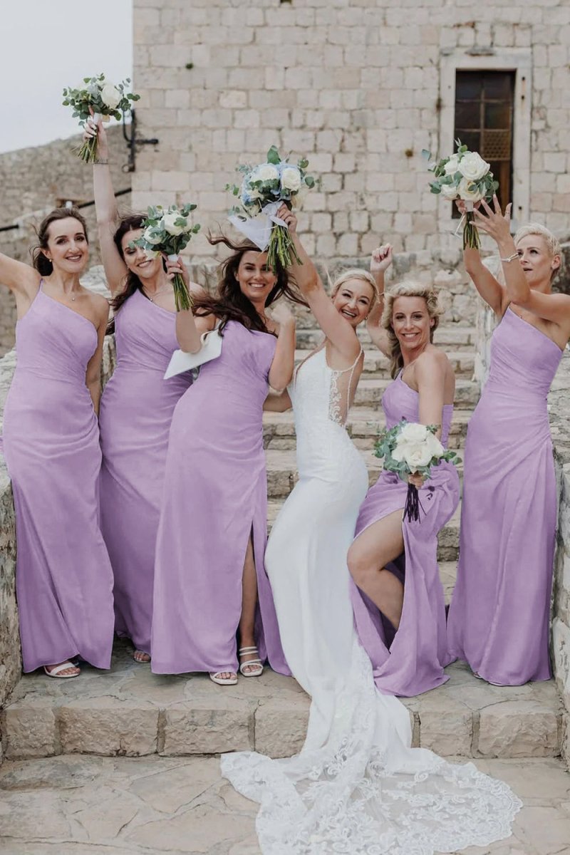 Sheath One Shoulder Light Blue Chiffon Slit Bridesmaid Dress - KissProm