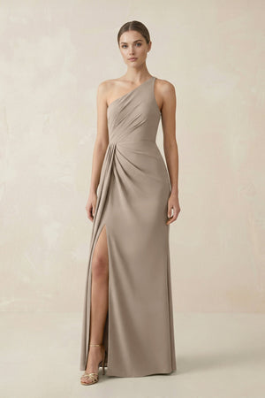 Sheath One - Shoulder Ruched Bridesmaid Dress With Slit in Almond - KissProm Bridesmaid Dresses