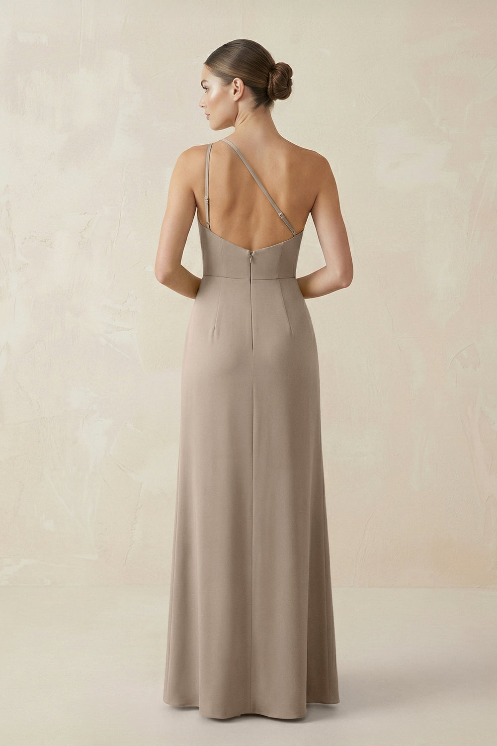 Sheath One - Shoulder Ruched Bridesmaid Dress With Slit in Almond - KissProm Bridesmaid Dresses
