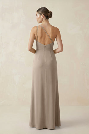 Sheath One - Shoulder Ruched Bridesmaid Dress With Slit in Almond - KissProm Bridesmaid Dresses