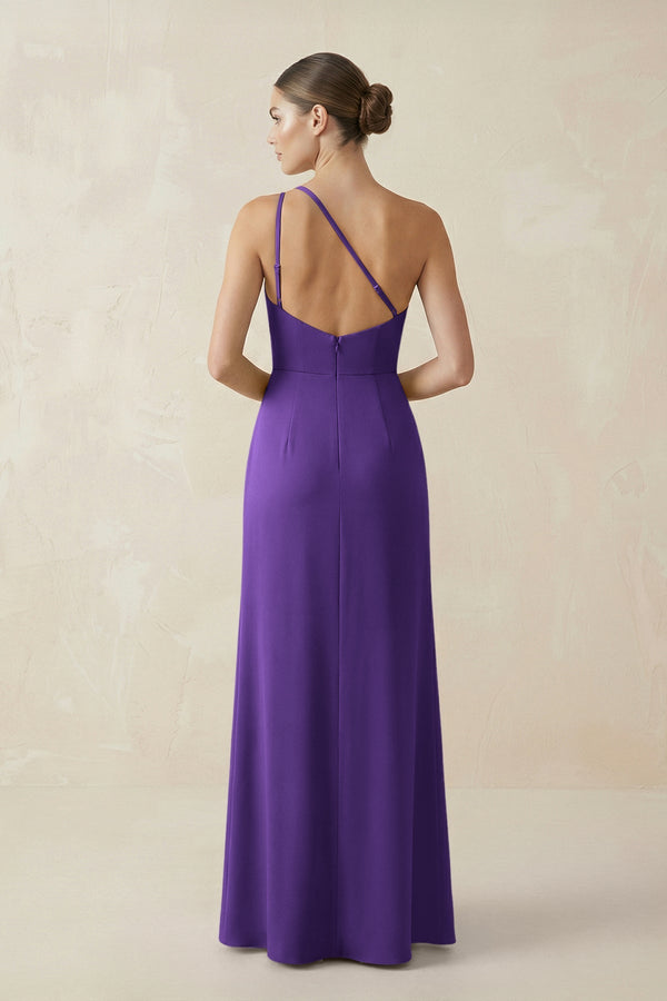 Sheath One - Shoulder Ruched Bridesmaid Dress With Slit in Amethyst - KissProm Bridesmaid Dresses