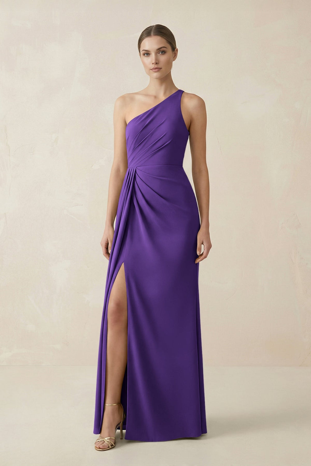 Sheath One - Shoulder Ruched Bridesmaid Dress With Slit in Amethyst - KissProm Bridesmaid Dresses