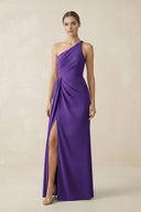 Sheath One - Shoulder Ruched Bridesmaid Dress With Slit in Amethyst - KissProm Bridesmaid Dresses