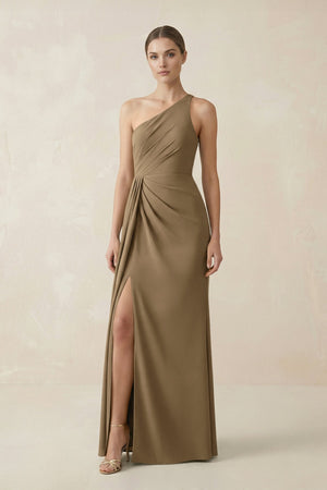 Sheath One - Shoulder Ruched Bridesmaid Dress With Slit in Apple Cinnamon - KissProm Bridesmaid Dresses