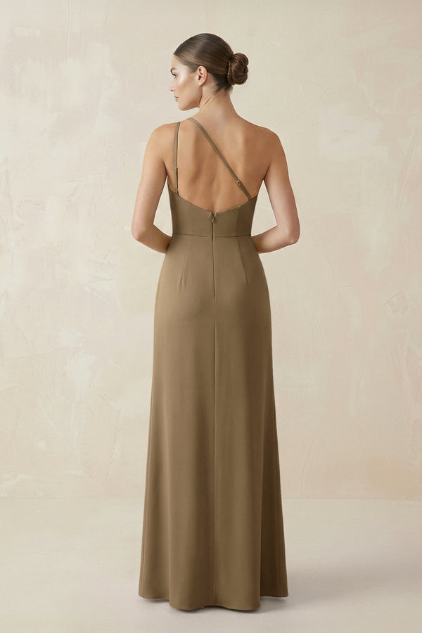 Sheath One - Shoulder Ruched Bridesmaid Dress With Slit in Apple Cinnamon - KissProm Bridesmaid Dresses