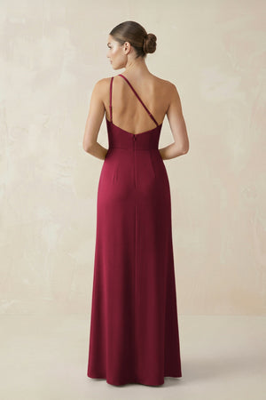 Sheath One - Shoulder Ruched Bridesmaid Dress With Slit in Berry - KissProm Bridesmaid Dresses