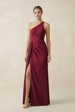 Sheath One - Shoulder Ruched Bridesmaid Dress With Slit in Berry - KissProm Bridesmaid Dresses