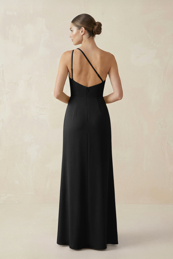 Sheath One - Shoulder Ruched Bridesmaid Dress With Slit in Black - KissProm Bridesmaid Dresses