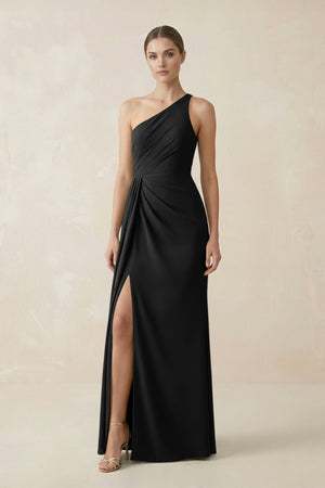 Sheath One - Shoulder Ruched Bridesmaid Dress With Slit in Black - KissProm Bridesmaid Dresses
