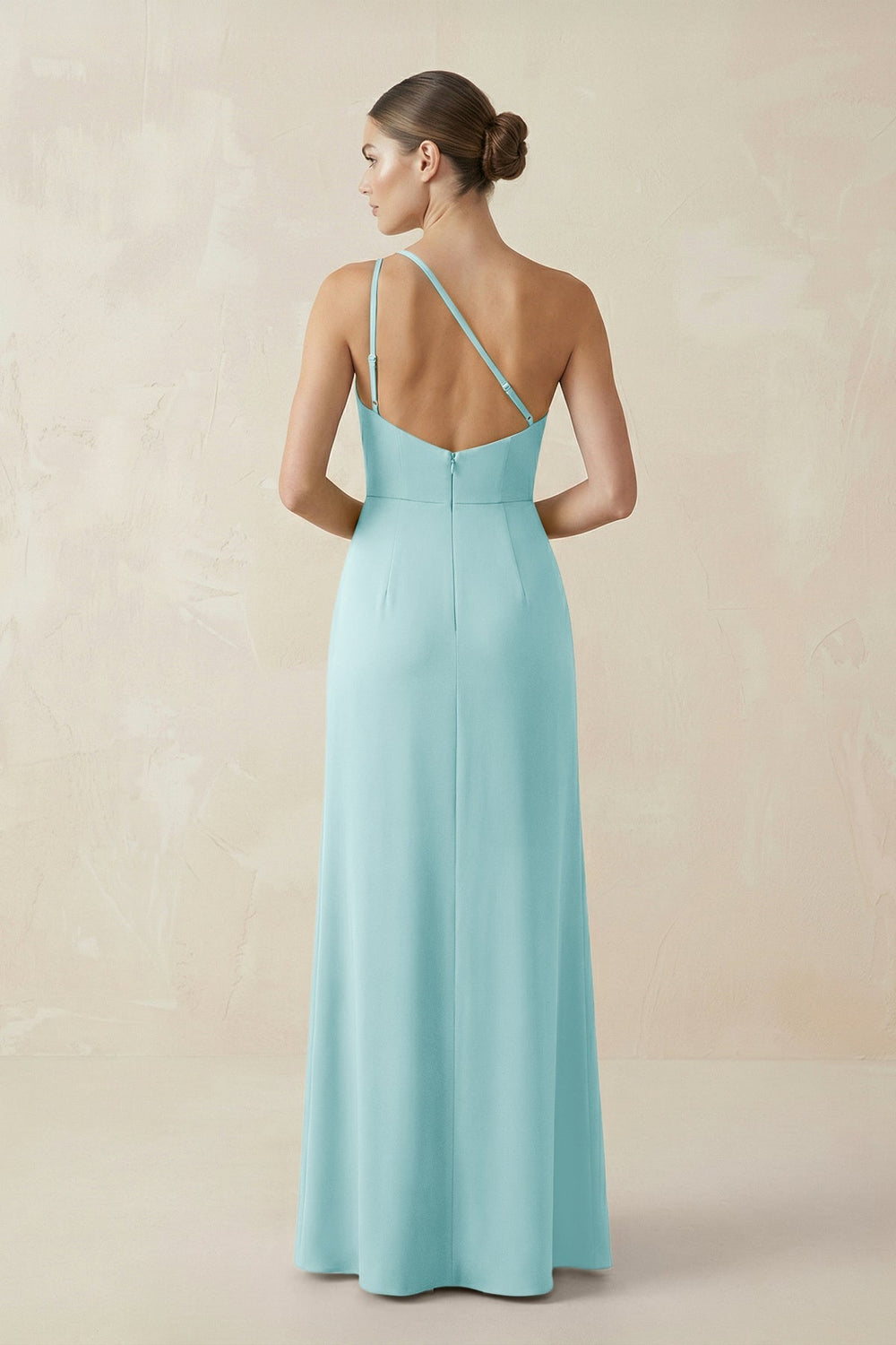 Sheath One - Shoulder Ruched Bridesmaid Dress With Slit in Bleached Aqua - KissProm Bridesmaid Dresses
