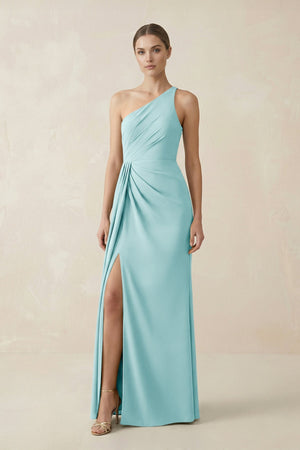 Sheath One - Shoulder Ruched Bridesmaid Dress With Slit in Bleached Aqua - KissProm Bridesmaid Dresses