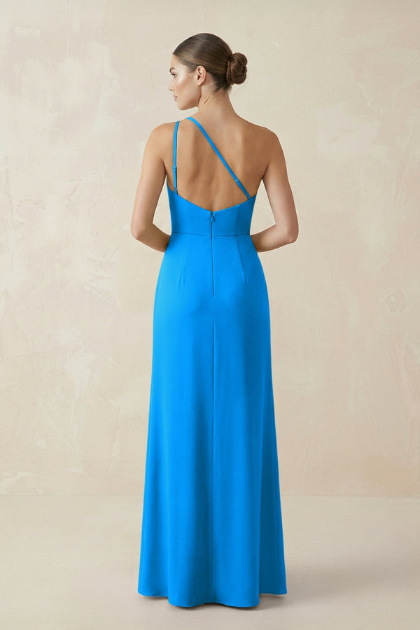 Sheath One - Shoulder Ruched Bridesmaid Dress With Slit in Blue Jay - KissProm Bridesmaid Dresses