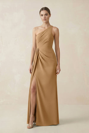 Sheath One - Shoulder Ruched Bridesmaid Dress With Slit in Bronzer - KissProm Bridesmaid Dresses