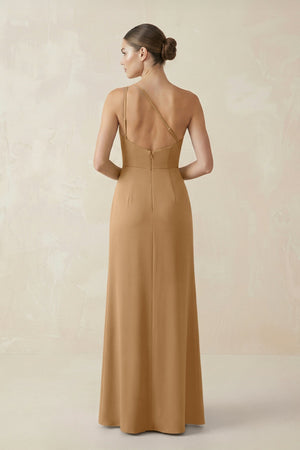 Sheath One - Shoulder Ruched Bridesmaid Dress With Slit in Bronzer - KissProm Bridesmaid Dresses