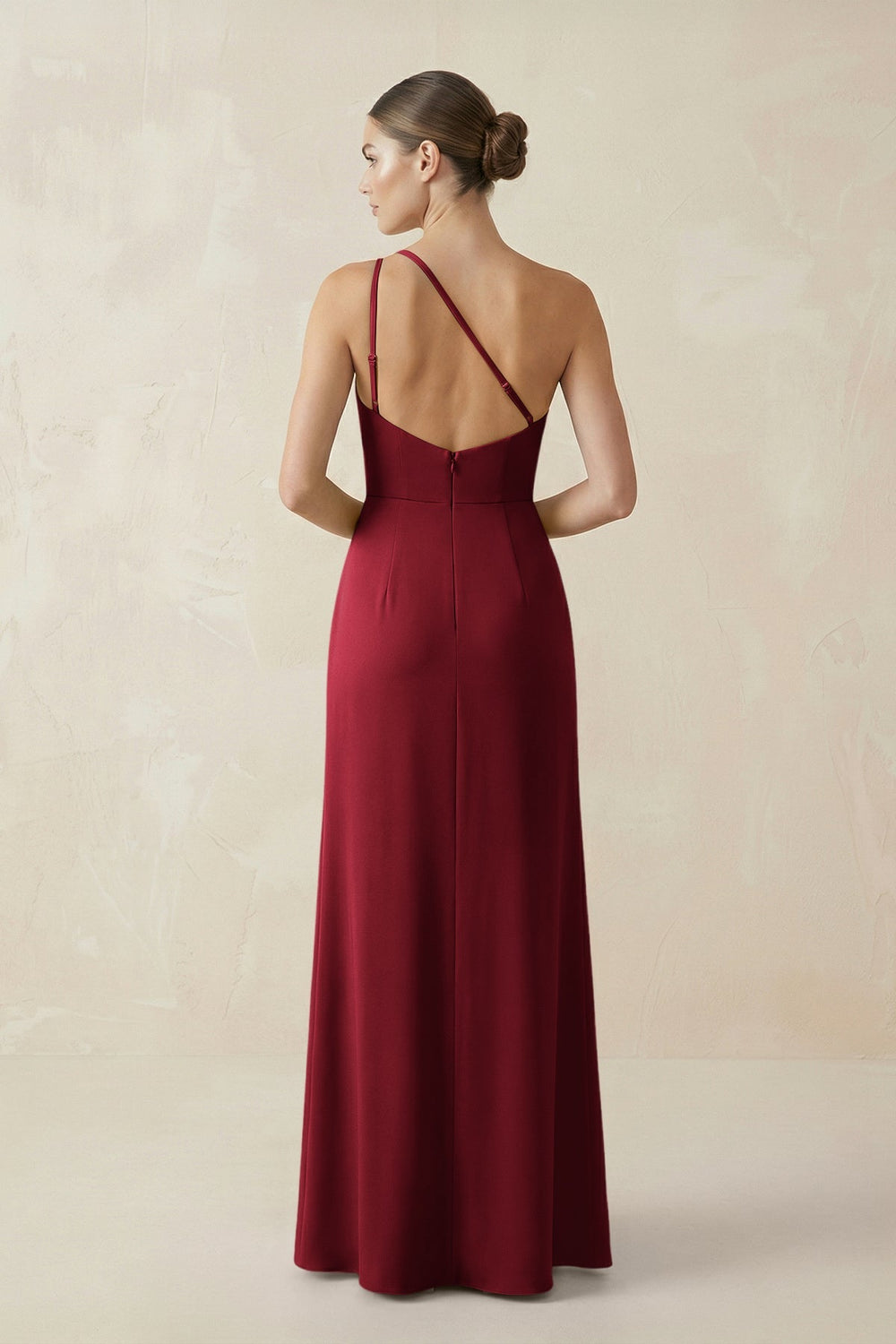 Sheath One - Shoulder Ruched Bridesmaid Dress With Slit in Burgundy - KissProm Bridesmaid Dresses