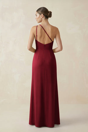 Sheath One - Shoulder Ruched Bridesmaid Dress With Slit in Burgundy - KissProm Bridesmaid Dresses