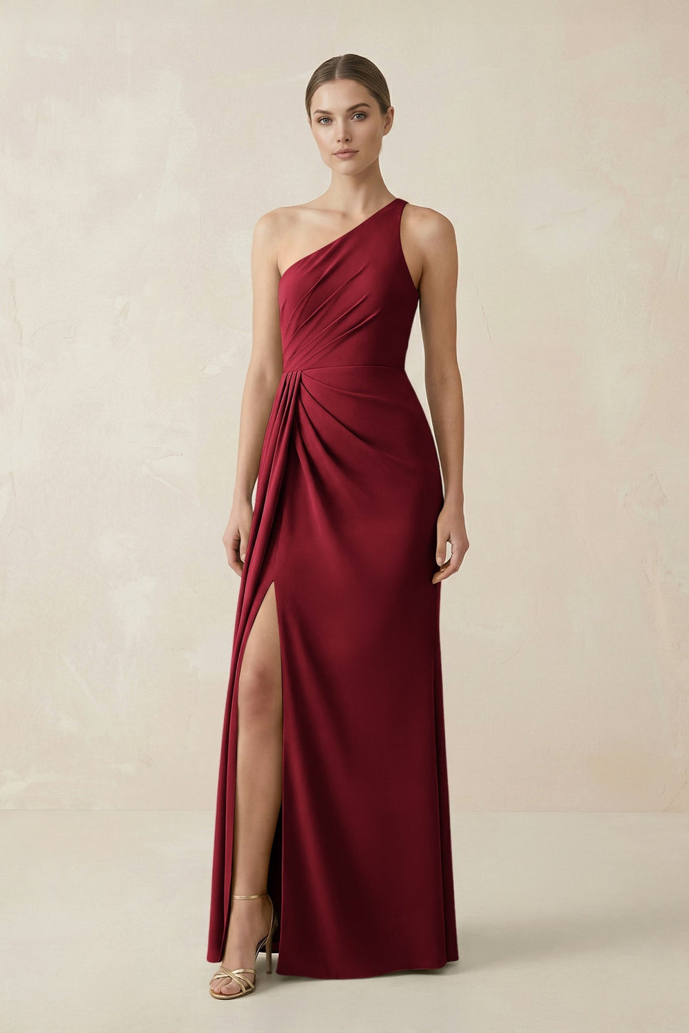 Sheath One - Shoulder Ruched Bridesmaid Dress With Slit in Burgundy - KissProm Bridesmaid Dresses