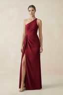 Sheath One - Shoulder Ruched Bridesmaid Dress With Slit in Burgundy - KissProm Bridesmaid Dresses
