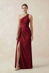Sheath One - Shoulder Ruched Bridesmaid Dress With Slit in Burgundy - KissProm Bridesmaid Dresses