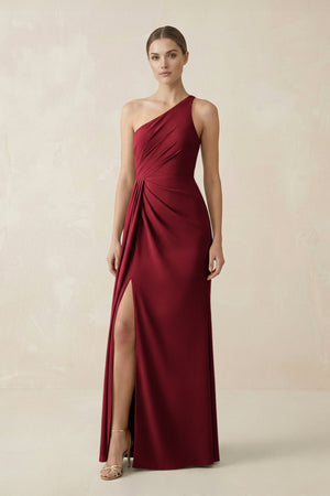 Sheath One - Shoulder Ruched Bridesmaid Dress With Slit in Burgundy - KissProm Bridesmaid Dresses
